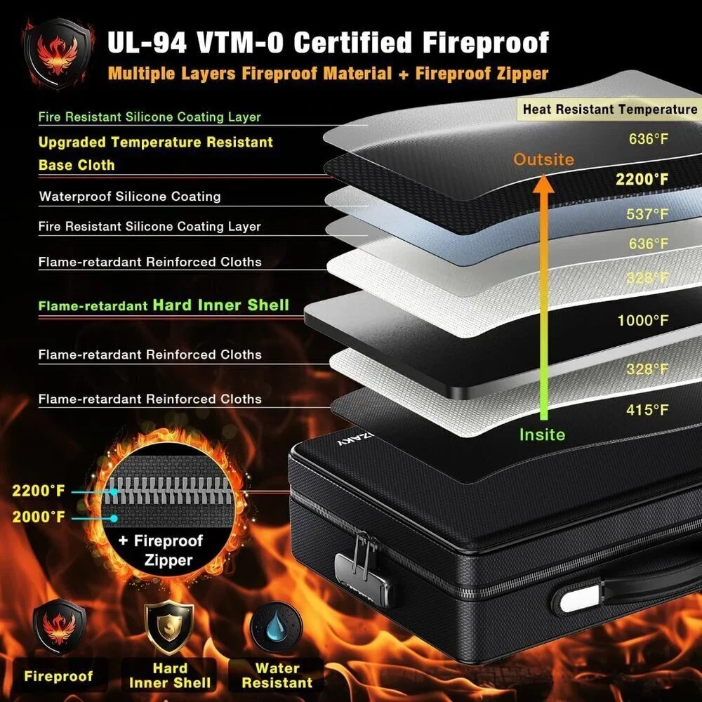 Fireproof Document Box with Fireproof Zipper, Hard Inner Shell Fireproof Documen
